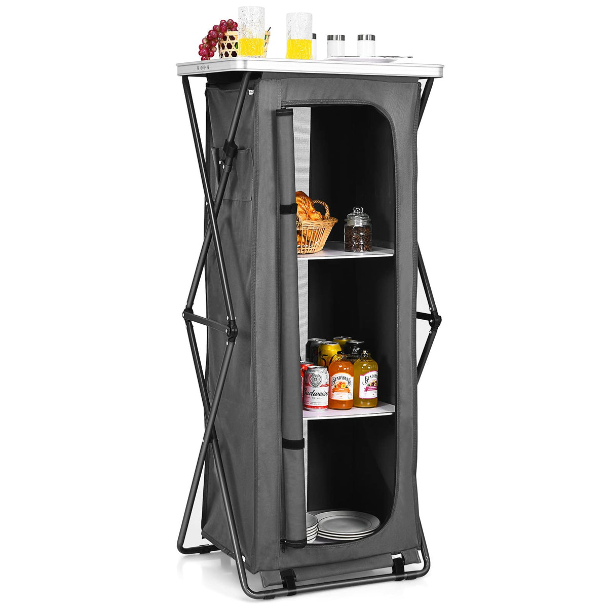 Giantex Folding Camping Storage Cabinet With 3 Shelves And Carry Bag, Portable Outdoor Camping Organizer Kitchen Table, Quick Set-Up For Bbq Camping Picnic Backyard, Compact Pop-Up Cupboard, 55''H