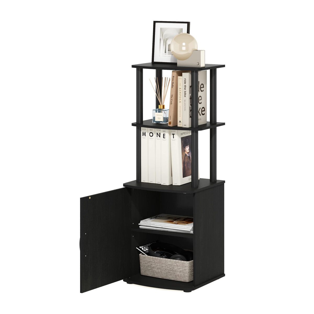 Furinno Turnntube Tall Tv Entertainment Side Table Display Rack With Storage Cabinet, 2Tier, Blackwood/Black