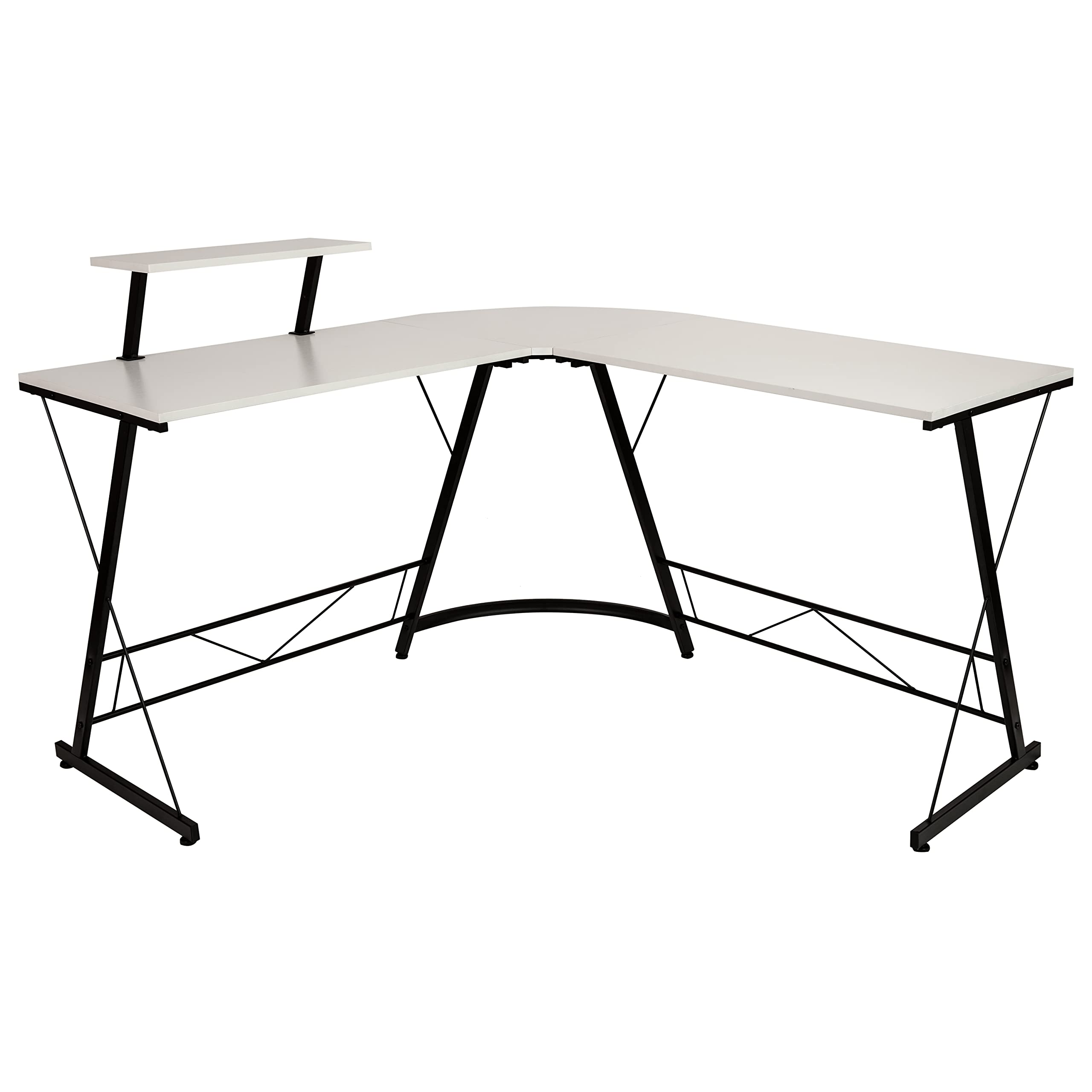 Flash Furniture Ginny Corner Desk - White/Black Space Saving L-Shaped Gaming Desk with Monitor Shelf - 71.5 2-Tier Computer Desk