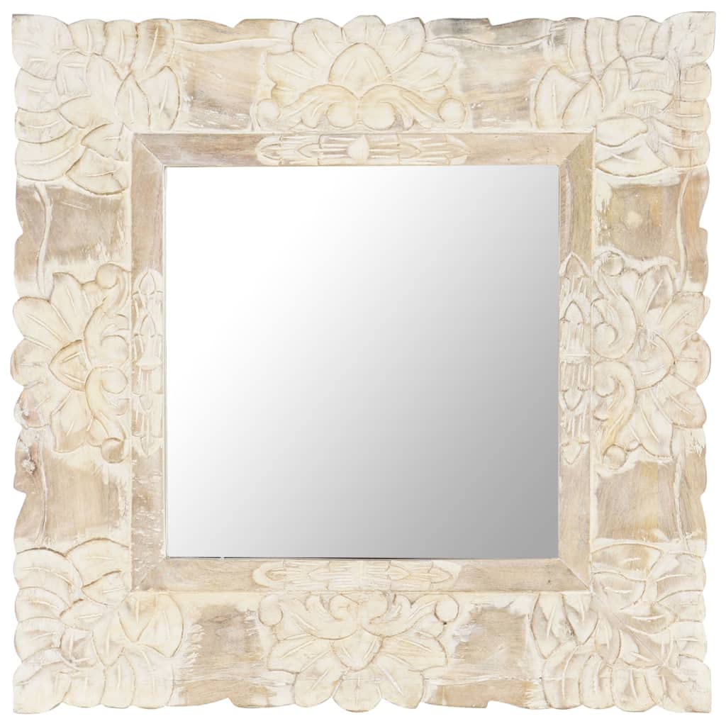 vidaXL Bohemian Wall-Mounted Mirror, 19.7&quot;x19.7&quot;, Solid Mango Wood, White Hand-Carved Pattern, Square Shape, No Assembly Required, Ideal Home Decor