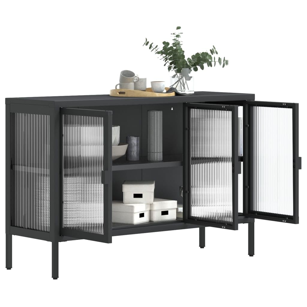 vidaXL Modern Sideboard in Black - Steel and Fluted Glass Construction with Adjustable Shelf and Bottom Levelers - 41.3"x13.8"x27.6"