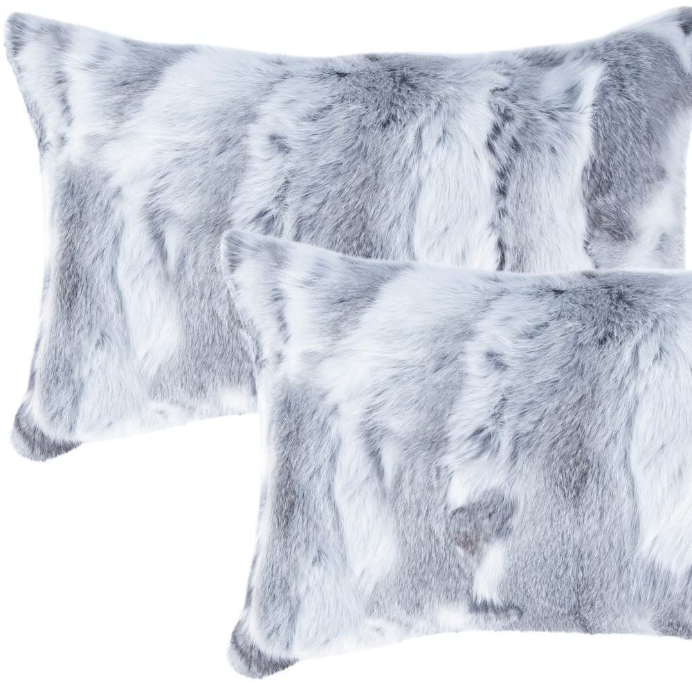 HomeRoots 100% Natural Rabbit Fur and Microsuede Set of Two 12' X 20' Grey Rabbit Natural Fur Throw Pillows