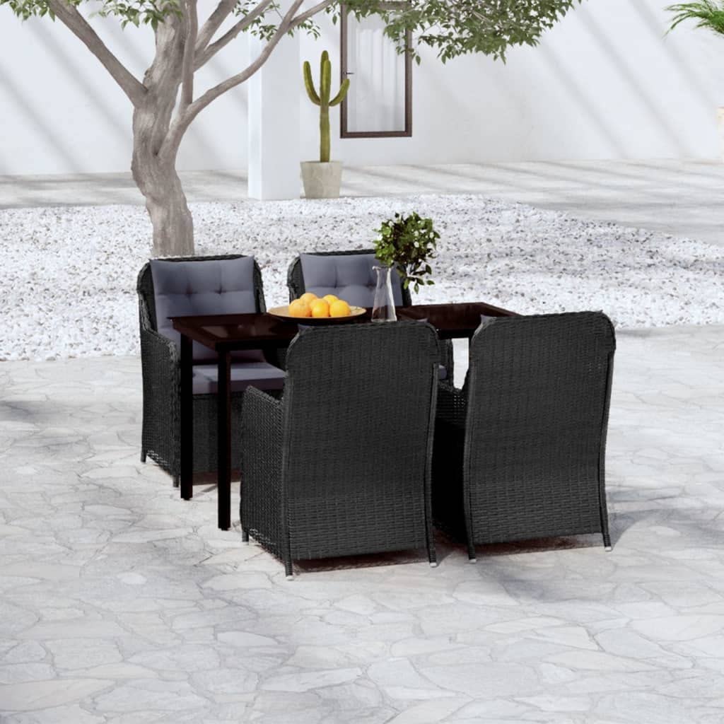 vidaXL - 5 Piece Outdoor Patio Dining Set | Black Steel Frame with PE Rattan Dining Chairs | Cushions Included, Glass Tabletop | Perfect for Garden, Patio