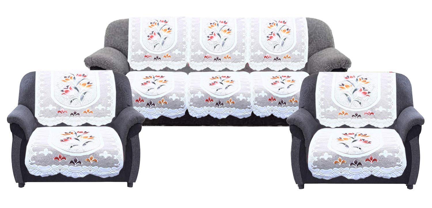Kuber Industries Flower Cotton 6 Piece 5 Seater Sofa Cover Set (Cream) - Ctktc022267
