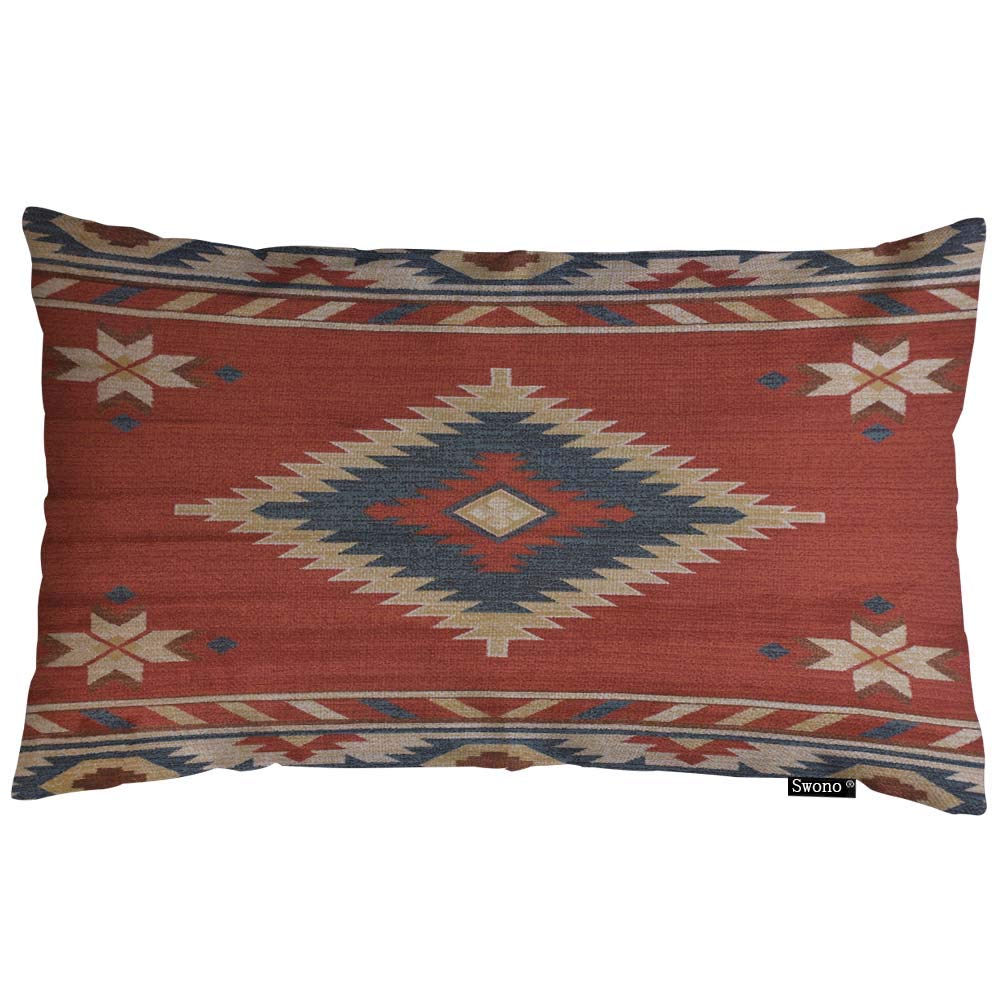 Swono Vintage Southwest American Throw Pillow Cover Red Aztec Cotton Linen Decorative Rectangular Pillowcase For Sofa And Bed Co