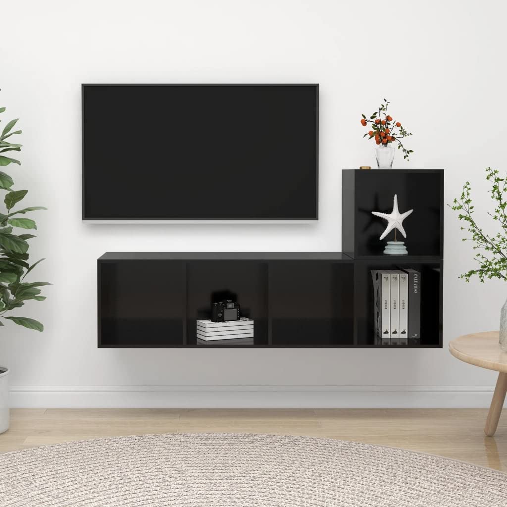 vidaXL TV Stand Set 2 Piece, TV Unit for Living Room Bedroom, Sideboard with Storage, Media Unit Cupboard, Modern, High Gloss Black Engineered Wood