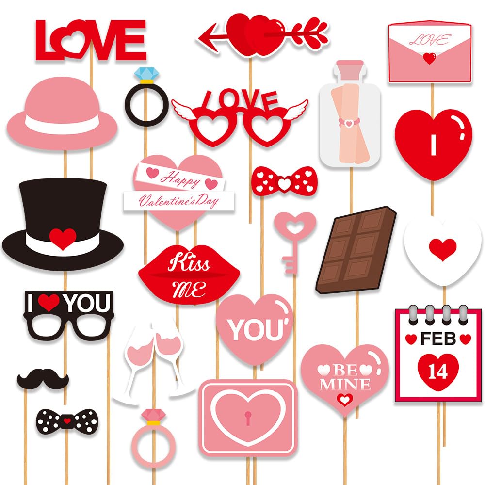 Valentines Day Photo Booth Props 24 Pcs Romantic Love Heart Selfie Props Happy Valentines Day Glasses Cute Hat Mustache Heart Ph