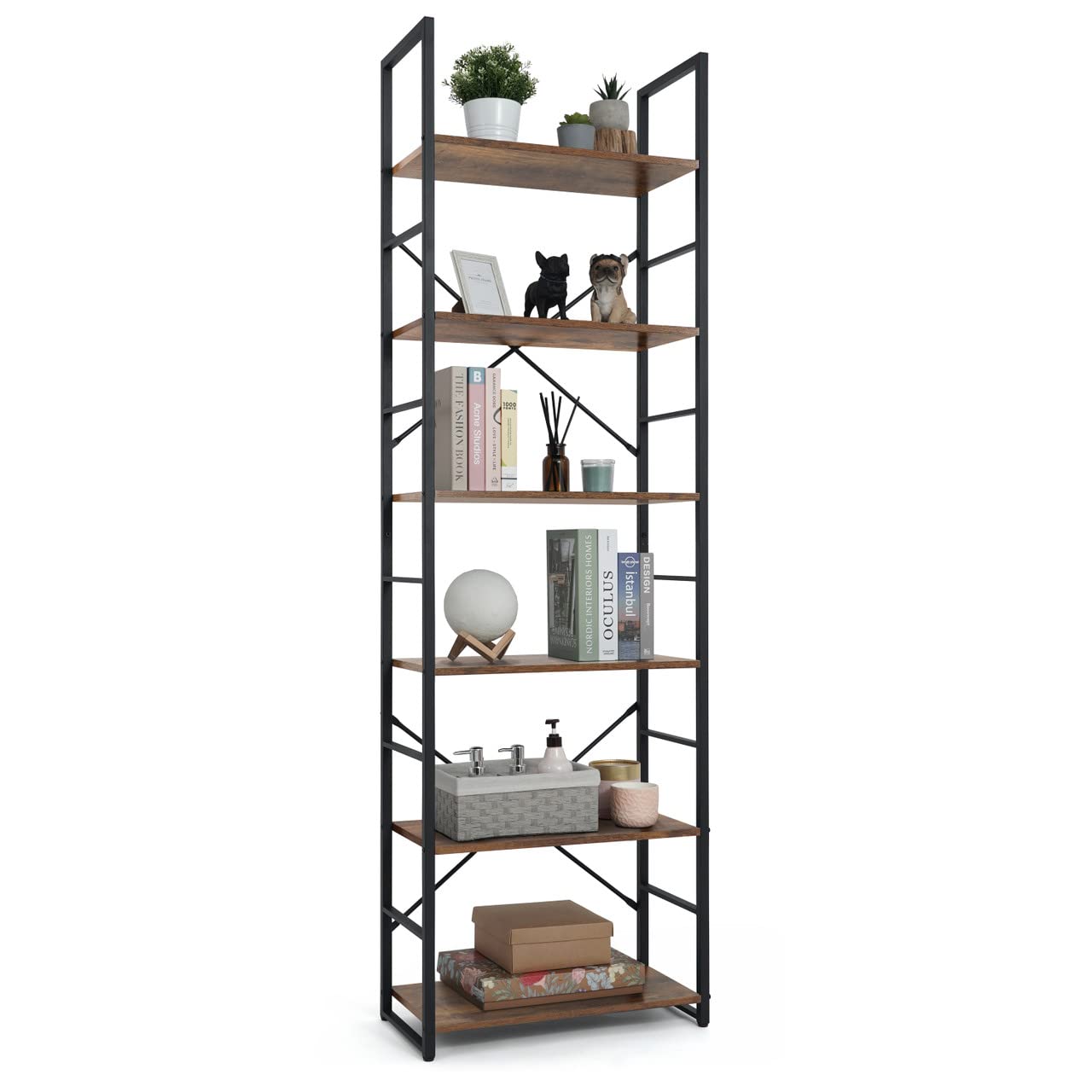 Caphaus 6 Tier Bookshelf, 24 Inch Width Free Standing Shelf, Bookcase Shelf Storage Organizer, Industrial Book Shelves For Home Office, Living Room, Kitchen, Rustic Oak Vintage Shelves & Metal Frame