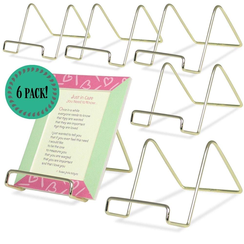 Banberry Designs Wire Easel Display Stand Plate Holders - Smooth Plated Brass Metal - 3'' H - Pack Of 6 Pcs