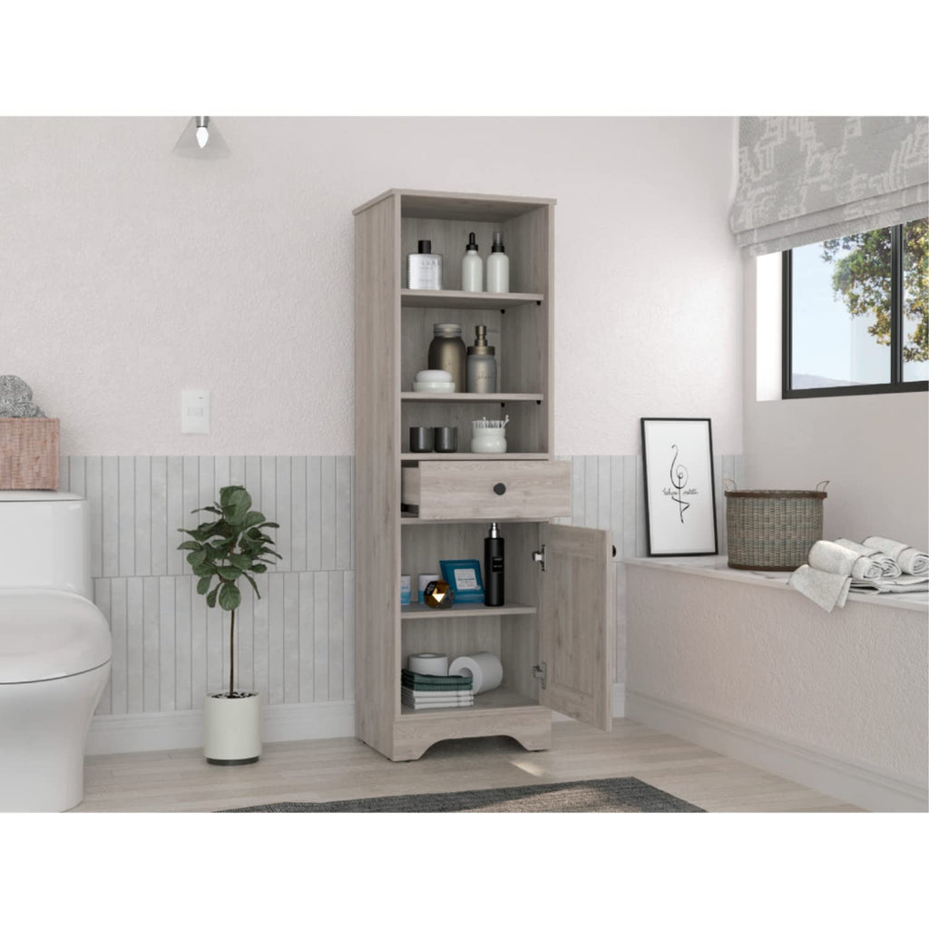 Linen Single Door Cabinet 55H, 3 External Shelves, 1 Drawer, 2 Interior Shelves, Light Gray
