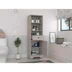 Linen Single Door Cabinet 55H, 3 External Shelves, 1 Drawer, 2 Interior Shelves, Light Gray
