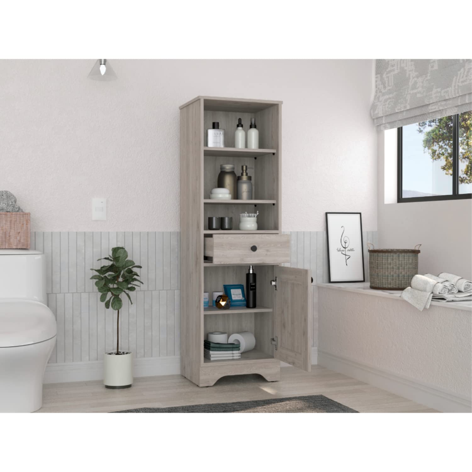 Linen Single Door Cabinet 55H, 3 External Shelves, 1 Drawer, 2 Interior Shelves, Light Gray