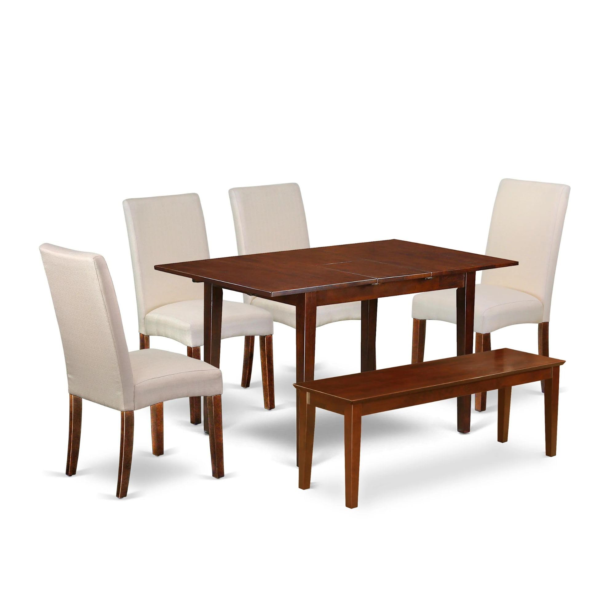 East West Furniture Psdr6C-Mah-01 6 Piece Dining Table Set Contains A Rectangle Kitchen Table With Butterfly Leaf And 4 Cream Linen Fabric Parson Chairs With A Bench, 32X60 Inch, Mahogany