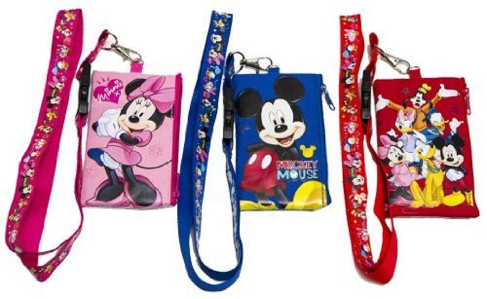 3 X Disney Mickey Minnie & Friends Lanyard With Id Badge Holder Wallet Coin Purse Ticket Key Chain
