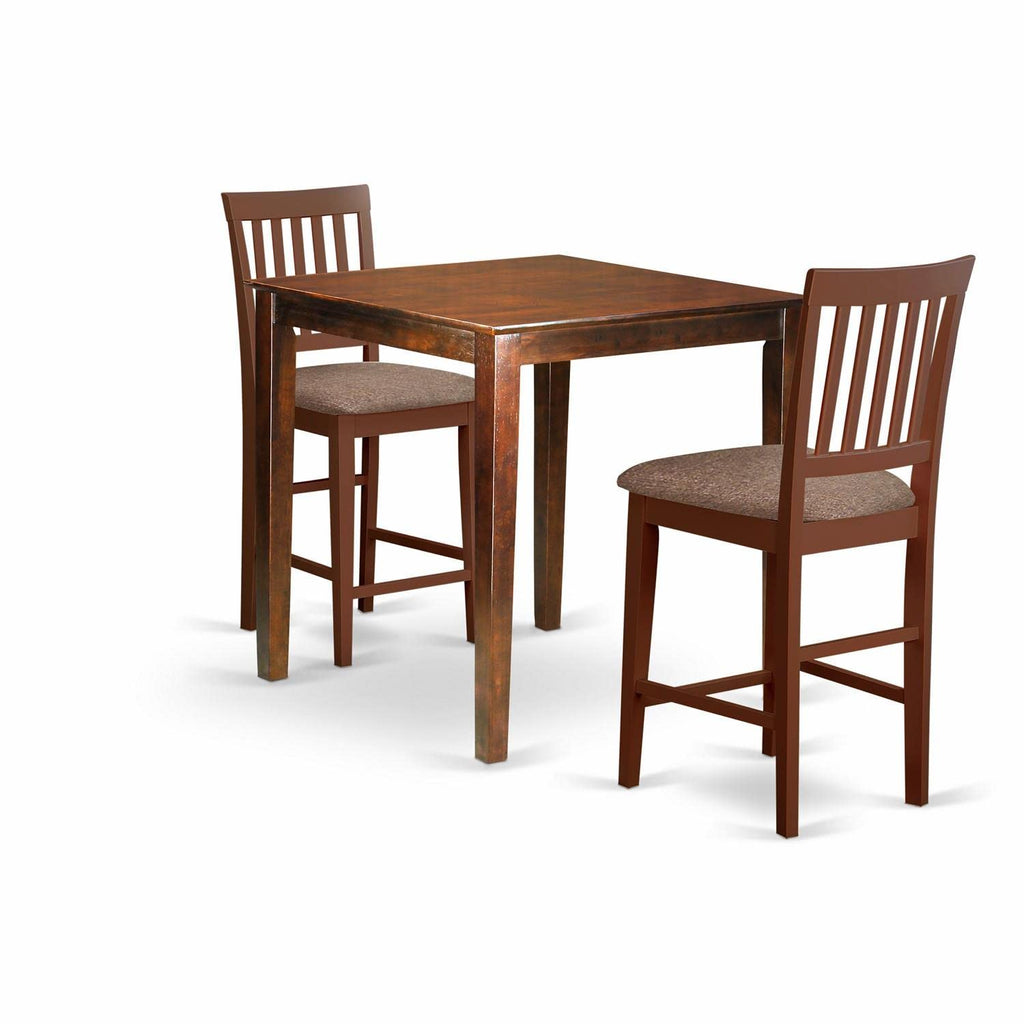 East West Furniture Vernon 3 Piece Counter Height Pub Set for Small Spaces Contains a Square Dining Room Table and 2 Linen Fabric Upholstered Chairs, 36x36 Inch, VERN3-MAH-C