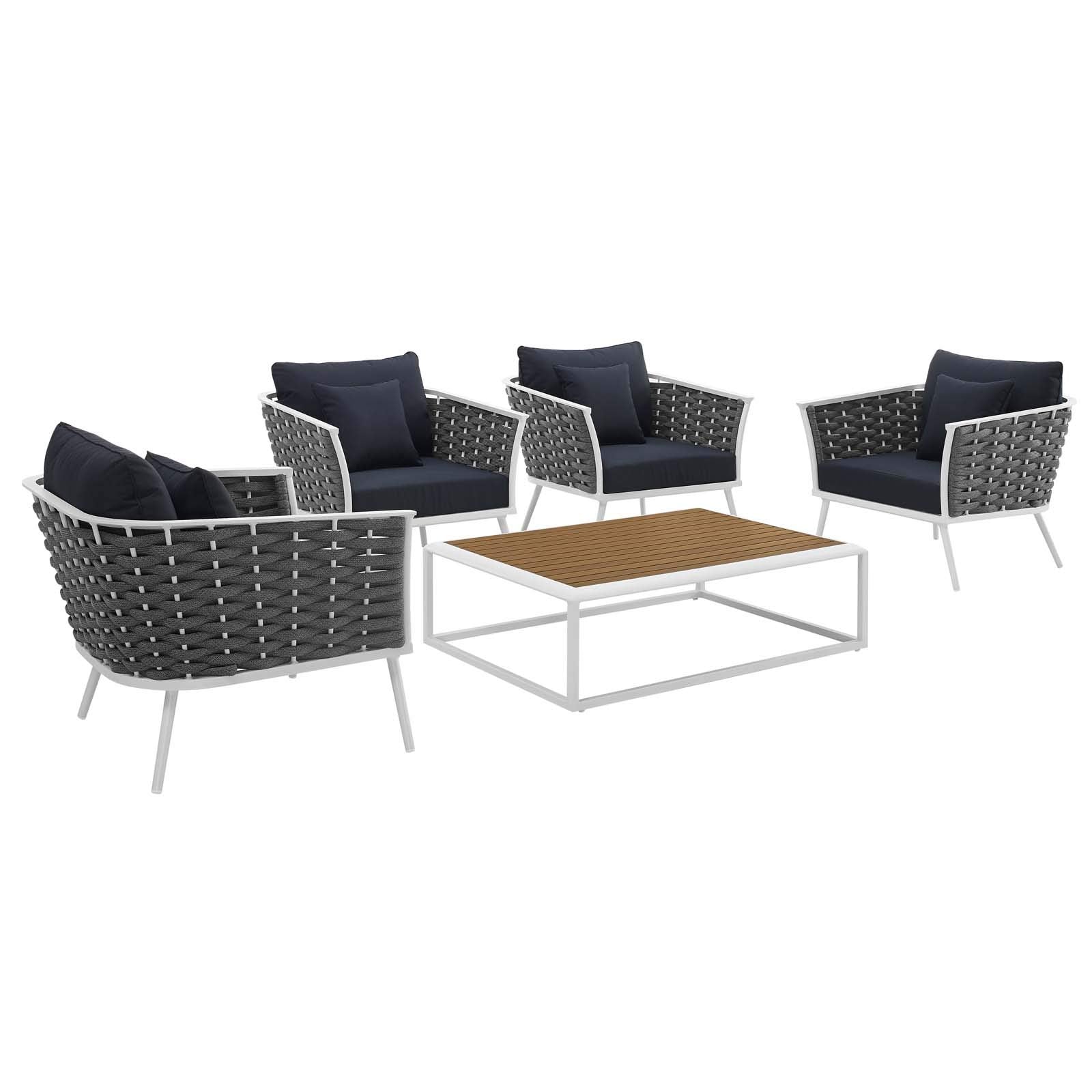 Modway Stance Outdoor Patio Aluminum Sectional Sofa Set, 5 Piece, White Navy