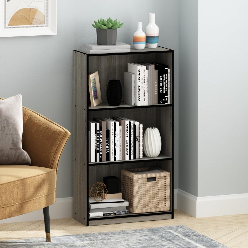Furinno Basic 3-Tier Bookcase Storage Shelves, French Oak Grey/Black