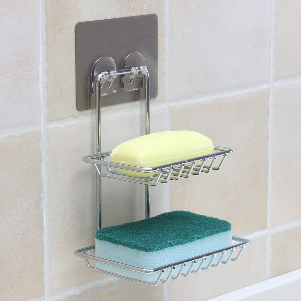 MIRARIYA Wall Mount SelfAdhesive Stainless Steel Metal Waterproof Kitchen Bathroom DoubleLayer Soap Dish Holder | Silver