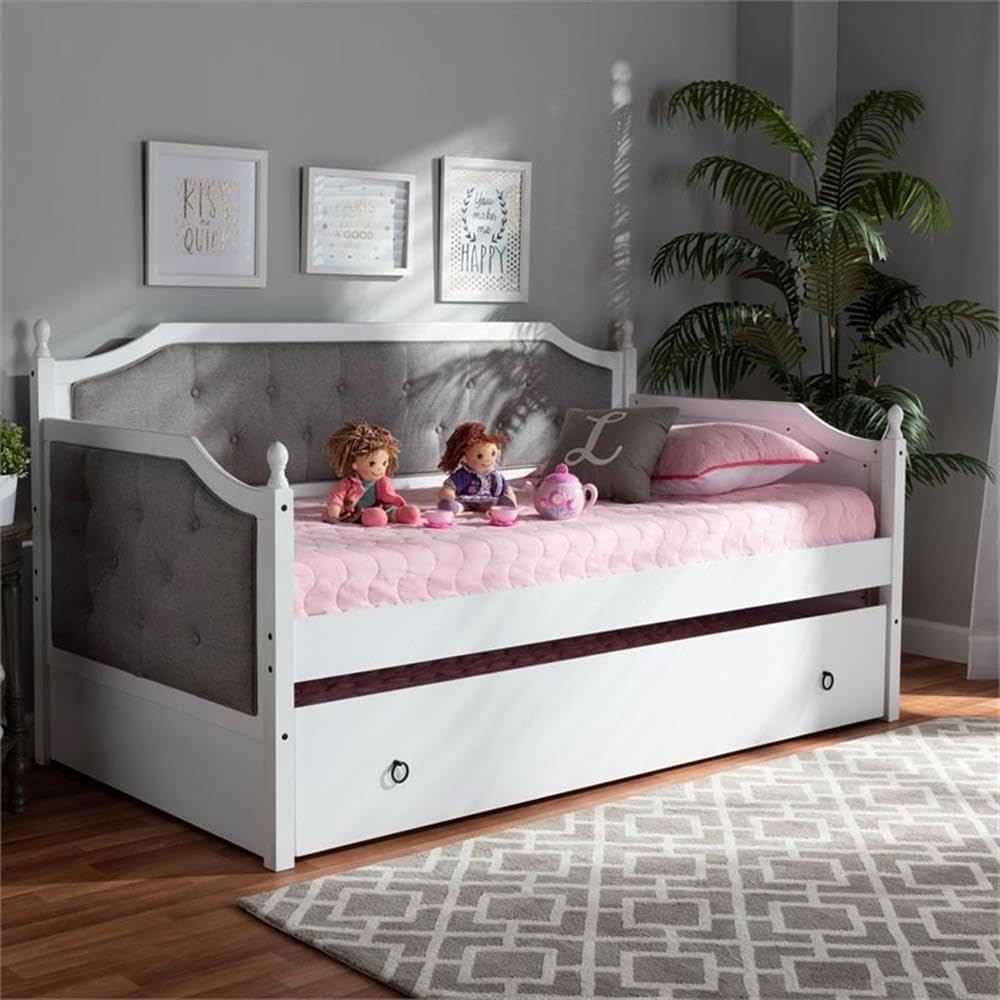 Baxton Studio Mara Classic and Traditional Grey Fabric Upholstered White Finished Wood Twin Size Daybed with Trundle