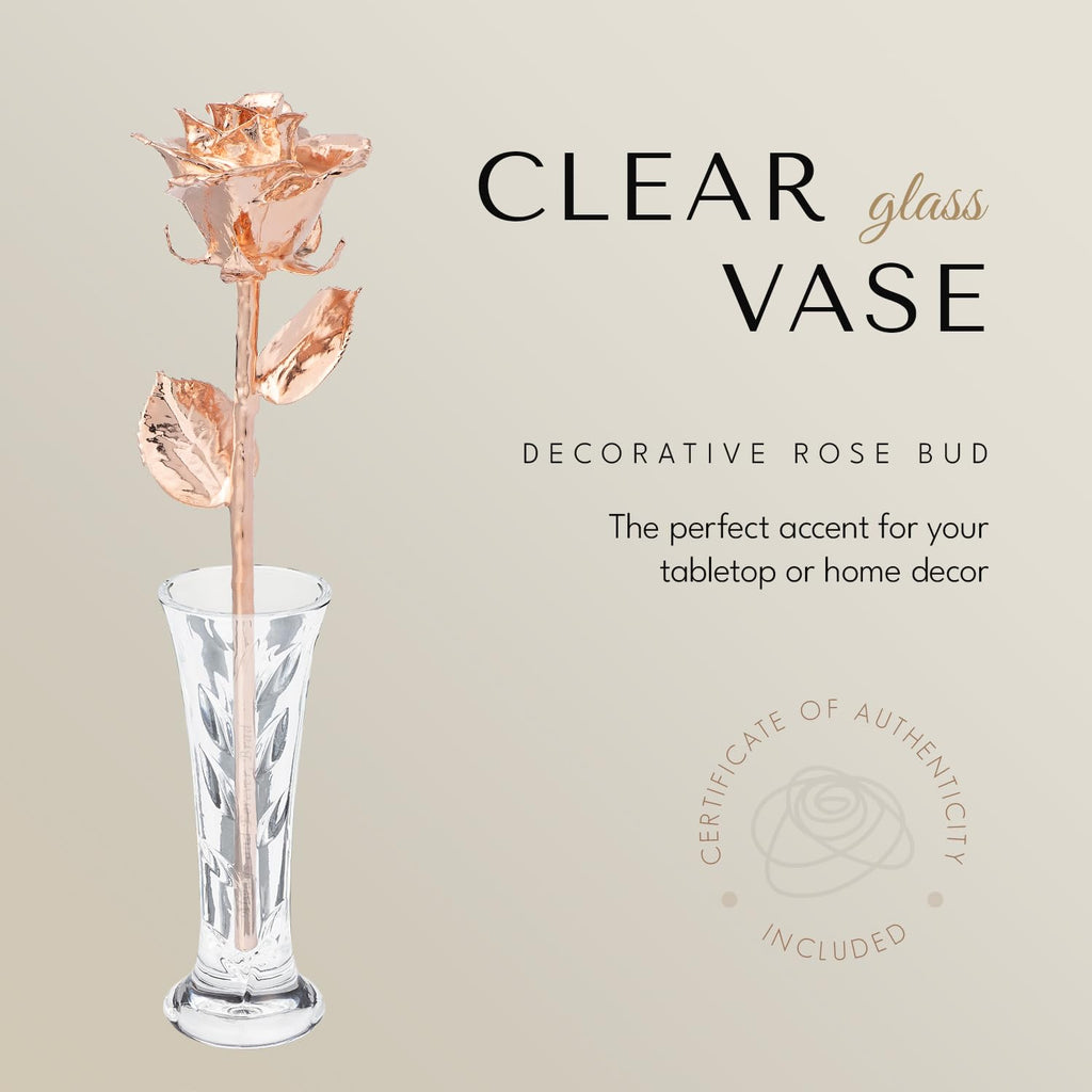 Forever Rose Real Rose Gold Dipped Rose | Unique & Everlasting Hand Dipped Custom Laser Beautiful Forever Flower 11?To 12?+ Elegant Clear Glass Vase | Rose Gold Roses For Romantic Gift