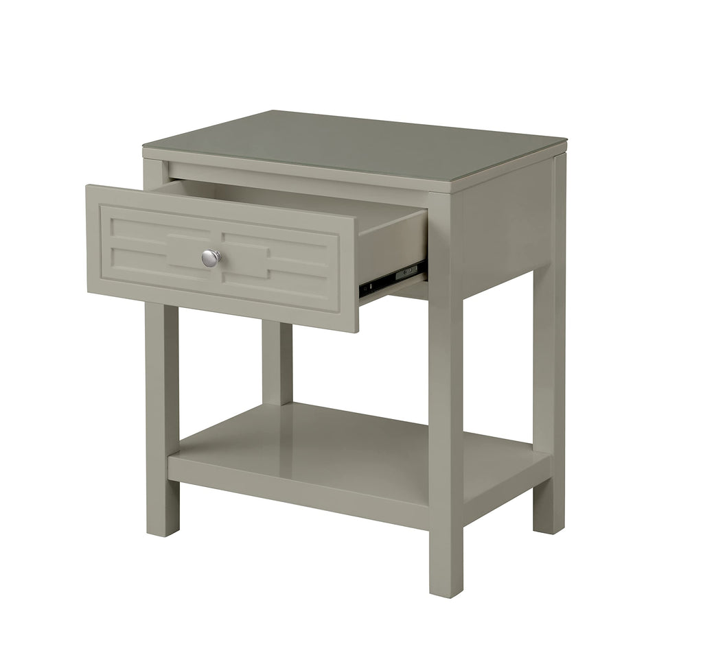Lilola Home Dylan Taupe Wooden End Side Table Nightstand with Glass Top and Drawer