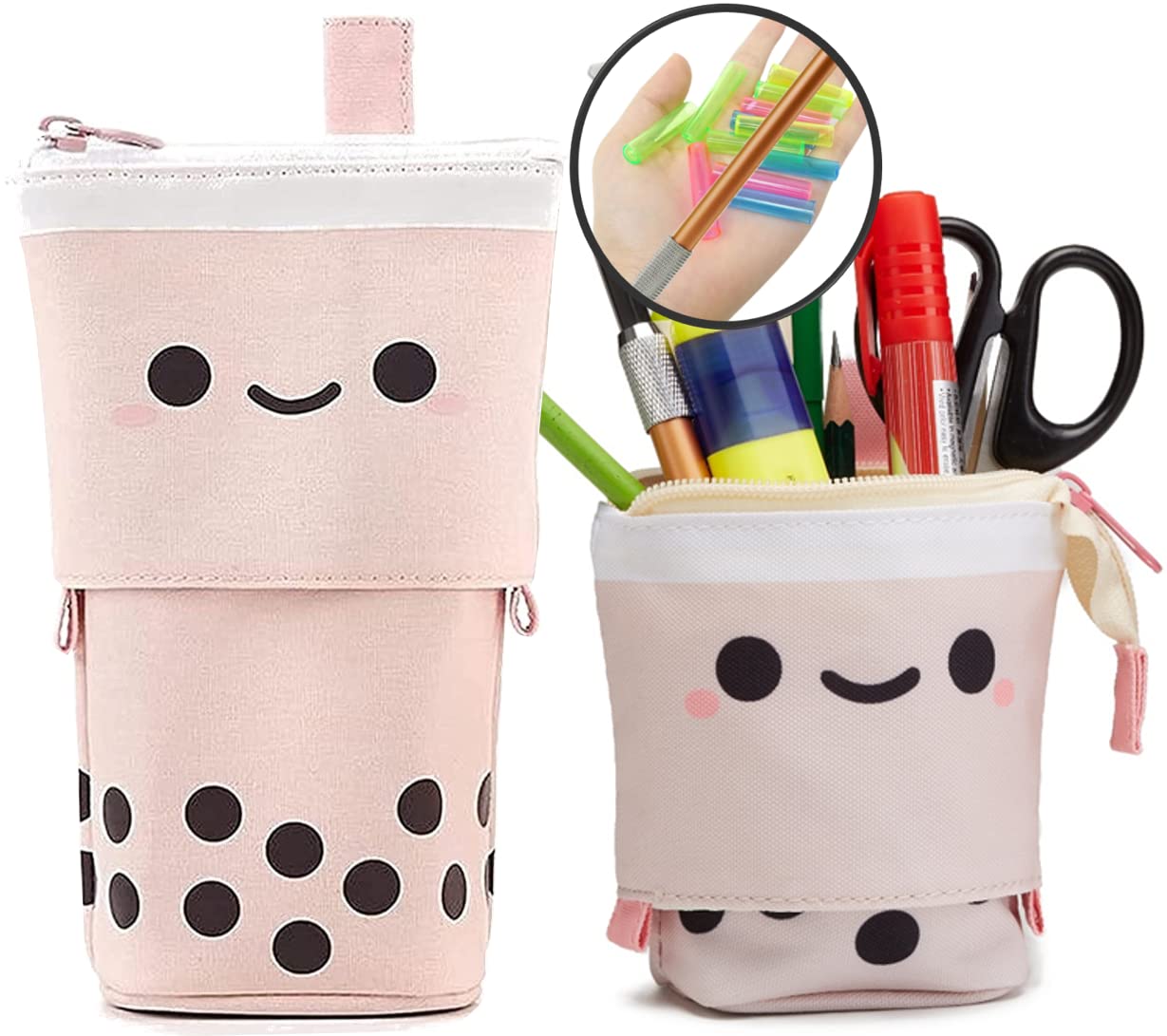 Cute Boba Tea Pencil Case, 1+1+8Pcs, Premium, Kawaii Retractable Pouch, Pop Up Korean Japanese Stationery, Standing Pen Makeup B