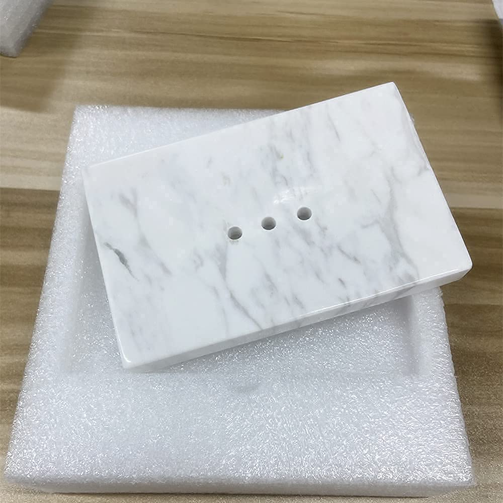 Stoneplus Natural Smooth Real Marble Soap Dish/Facial Sponge Holder/Bathroom Makeup Sponge Tray With Draining Hole (Volakas Whit