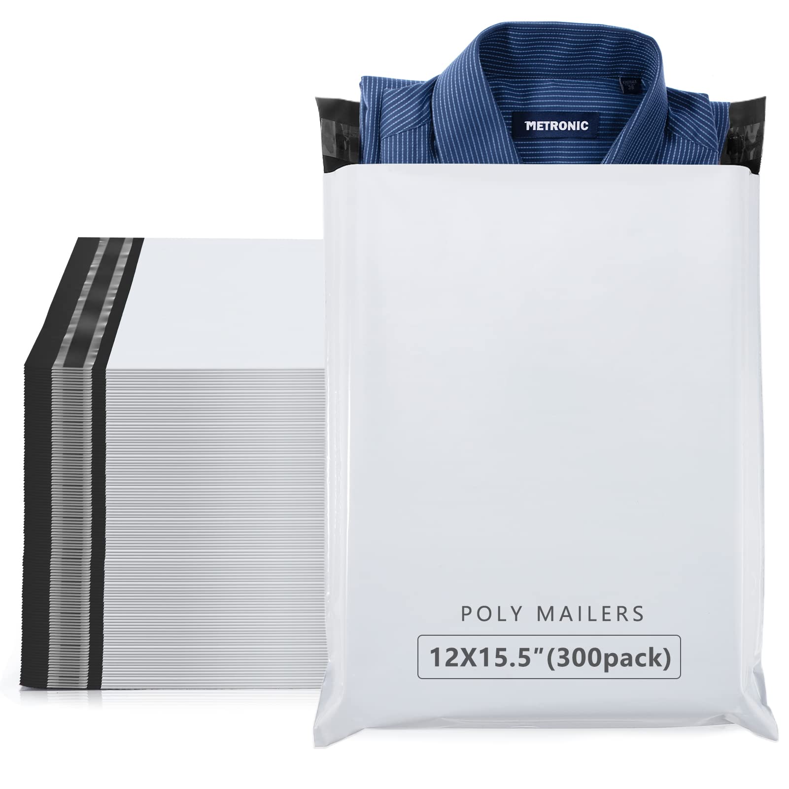 Metronic 300 Pcs Poly Mailers 12X15.5, Medium Size Shipping Bags For Small Business Supplies,White Poly Mailer Bags For Clothing