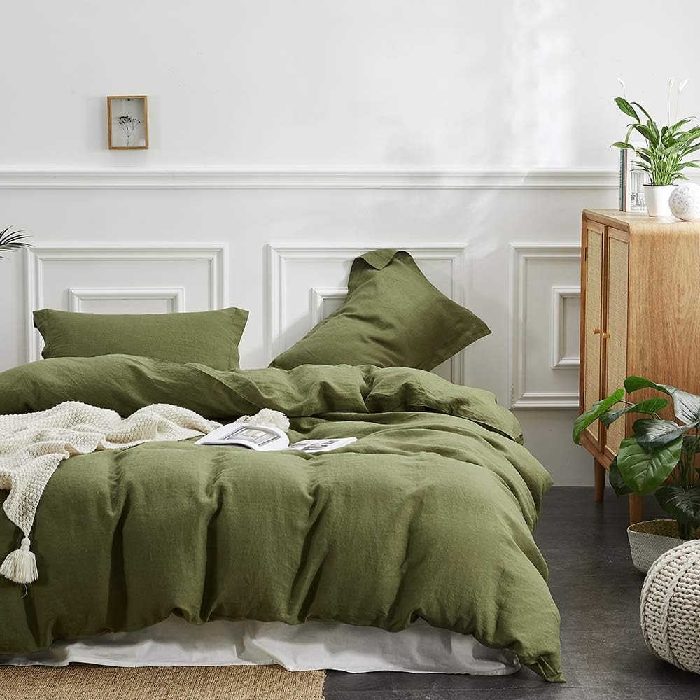 Simple&Opulence 100% Linen Duvet Cover Set, Pure Natural French Flax Olive Green Duvet Cover Twin Size, Breathable Soft Comfy Li