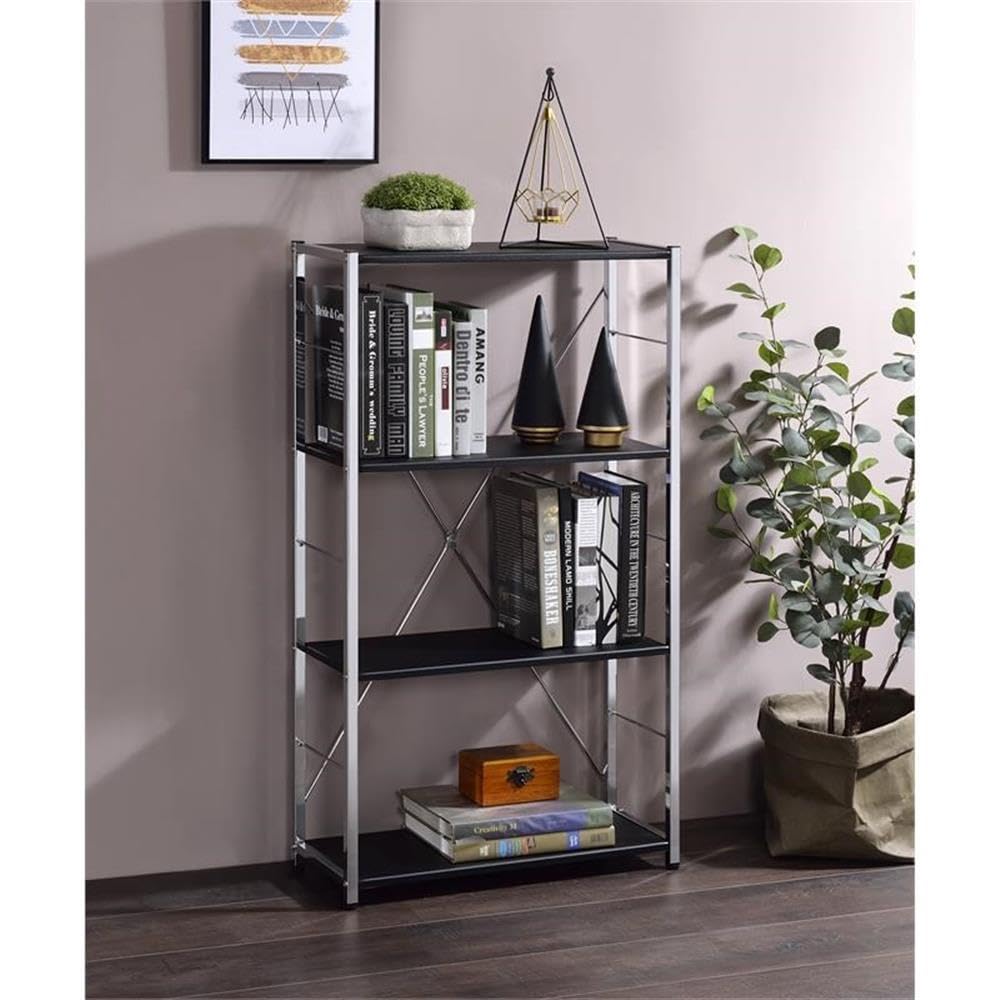 Acme Tennos 4 Wooden Shelves Bookshelf with Metal Frame in Black and Chrome