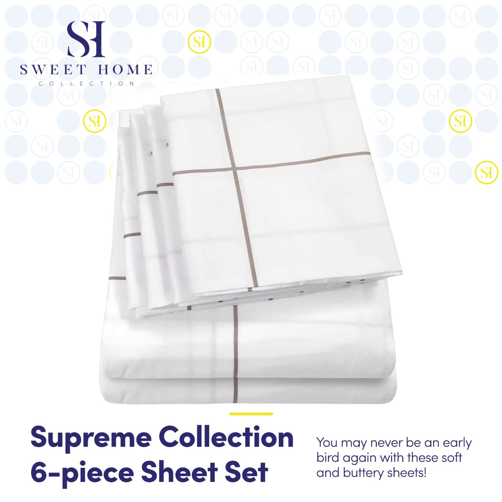 Cal King Size Bed Sheets - 6 Piece 1500 Supreme Collection Fine Brushed Microfiber Deep Pocket California King Sheet Set Bedding - 2 Extra Pillow Cases, Great Value, California King, Window Pane White