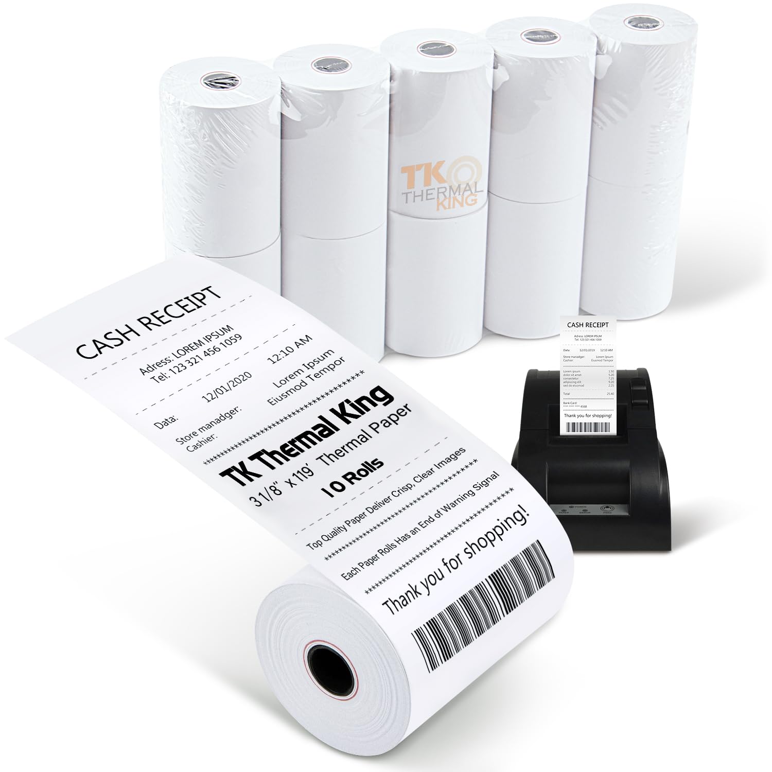 Tk Thermal King (10 Rolls) 3 1/8' 119' Feet White Thermal Paper Cash Register Pos Receipt, Fits All Credit Card Terminal Great