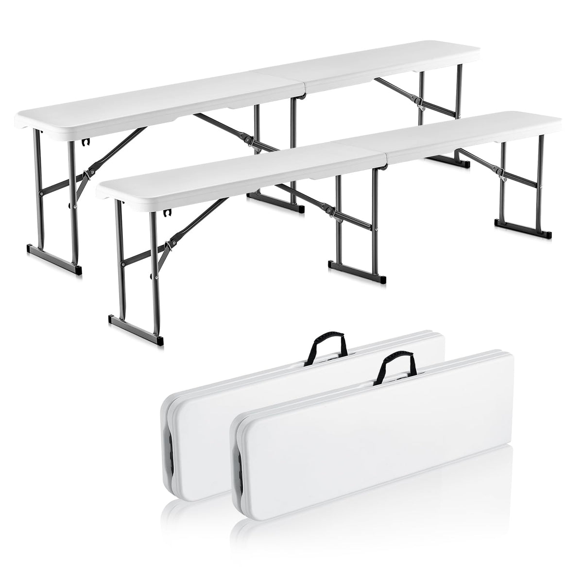 VEVOR Plastic Folding Bench, 6 FT Portable Folding Bench, Smooth HDPE Waterproof Outdoor Bench, Picnic Camping Dining Seat with Carrying Handle, for Garden Soccer Entertaining Activity, White (2 Pack)