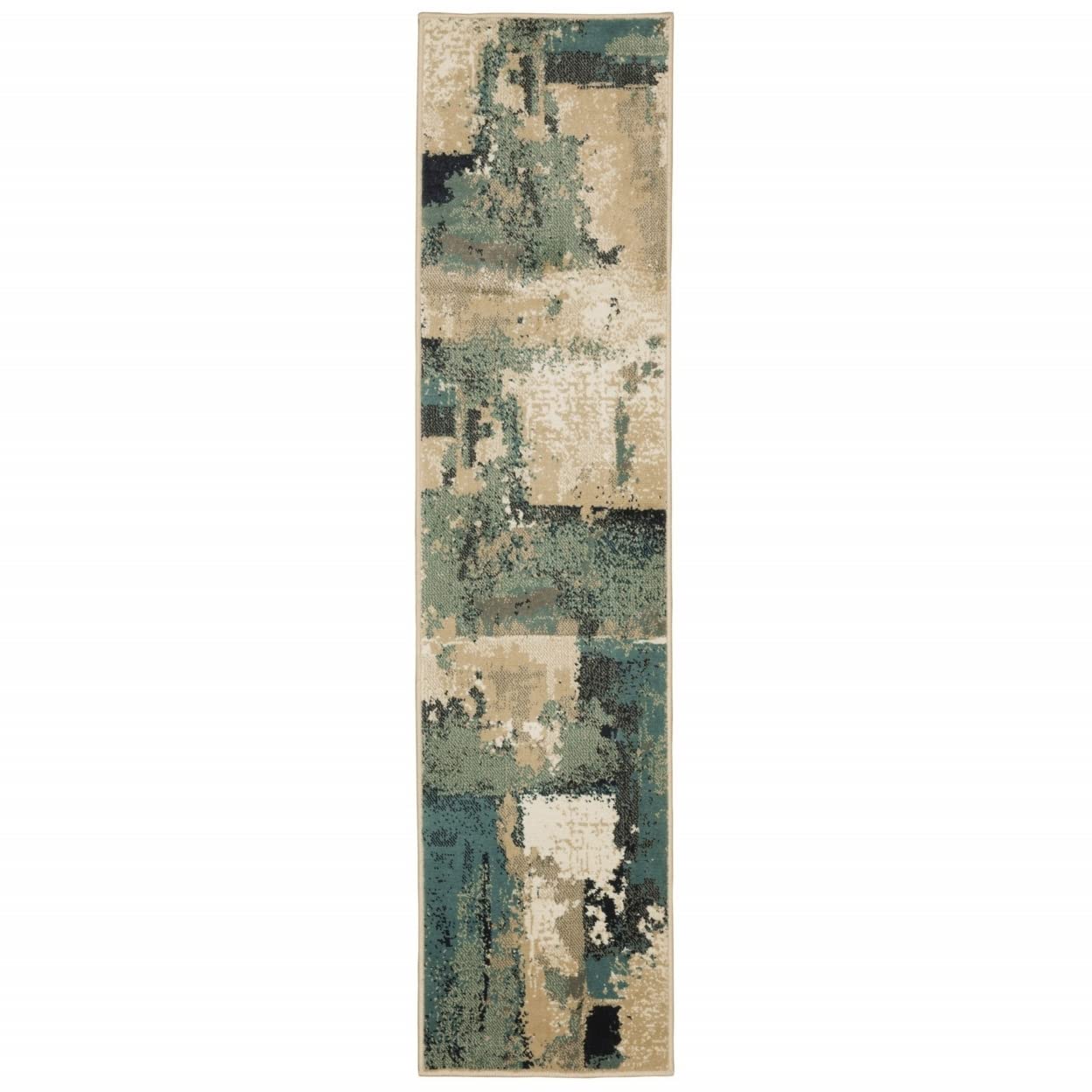 HomeRoots Polypropylene 2’ x 8’ Beige and Blue Block Indoor Runner Rug