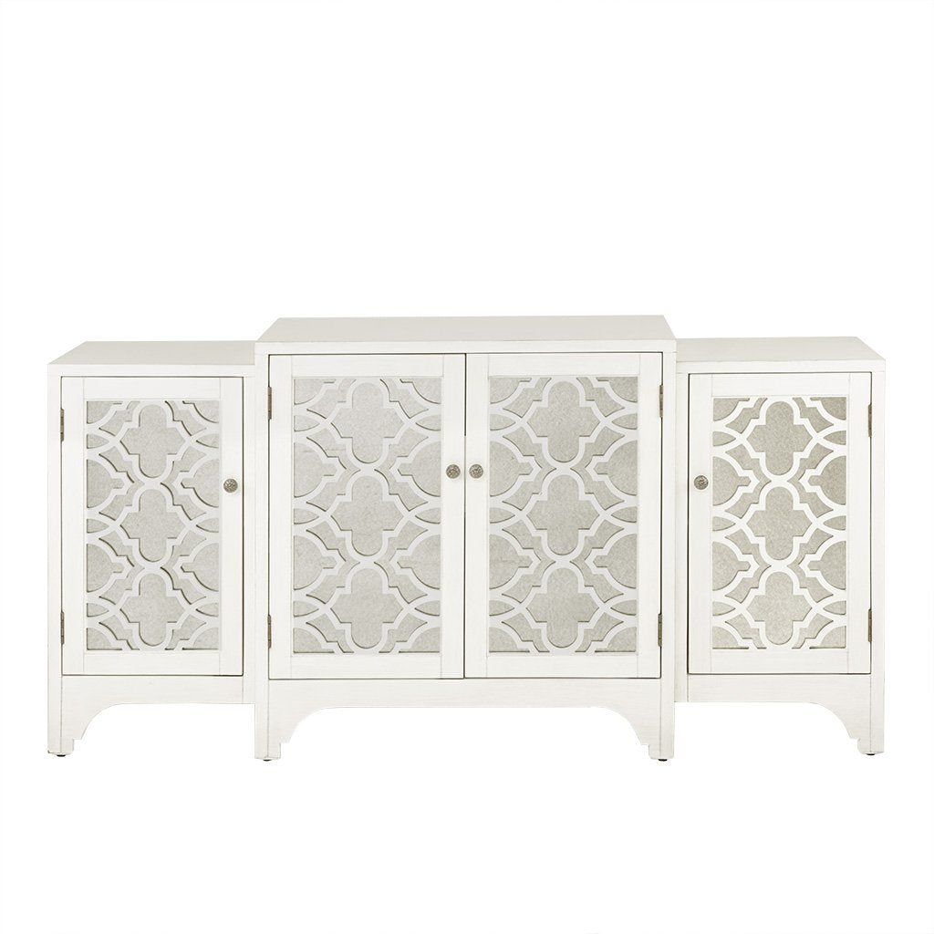 Madison Park Verona Media Console Cabinet - Modern Mid-Century, Quaterfoil Mirrored Door Design Buffet/Sideboard Accent Living Room Furniture, 68&quot; Wide, White