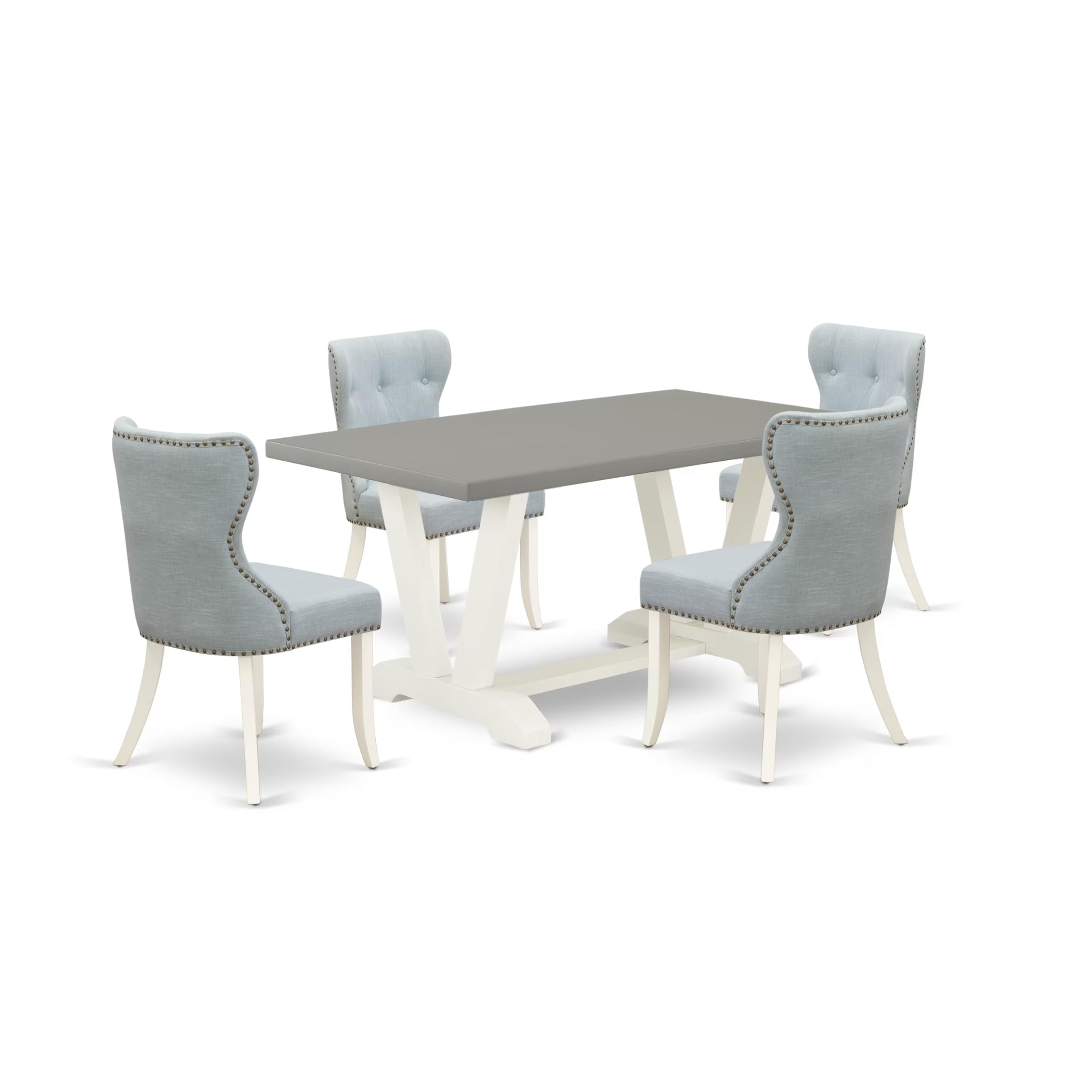 East West Furniture V096Si215-5 5 Piece Dining Room Table Set Includes A Rectangle Dining Table With V-Legs And 4 Baby Blue Linen Fabric Upholstered Chairs, 36X60 Inch, Multi-Color