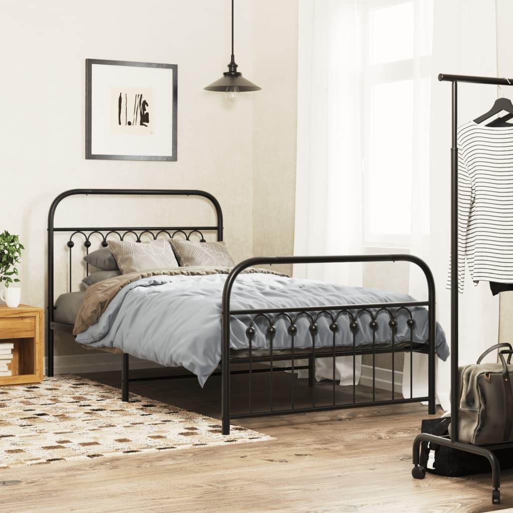 vidaXL Metal Bed Frame with Headboard/Footboard - Sturdy Steel Single Bed Frame with Storage - Black, 81.5&quot; x 41.3&quot; x 39.4&quot;