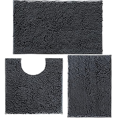 Bathroom Rugs Set Plush Chenille 3 Piece Bath Mat Washable Bath Rugs with Non Slip Backing Bath Carpet,Absorbent Shower Rugs Bat