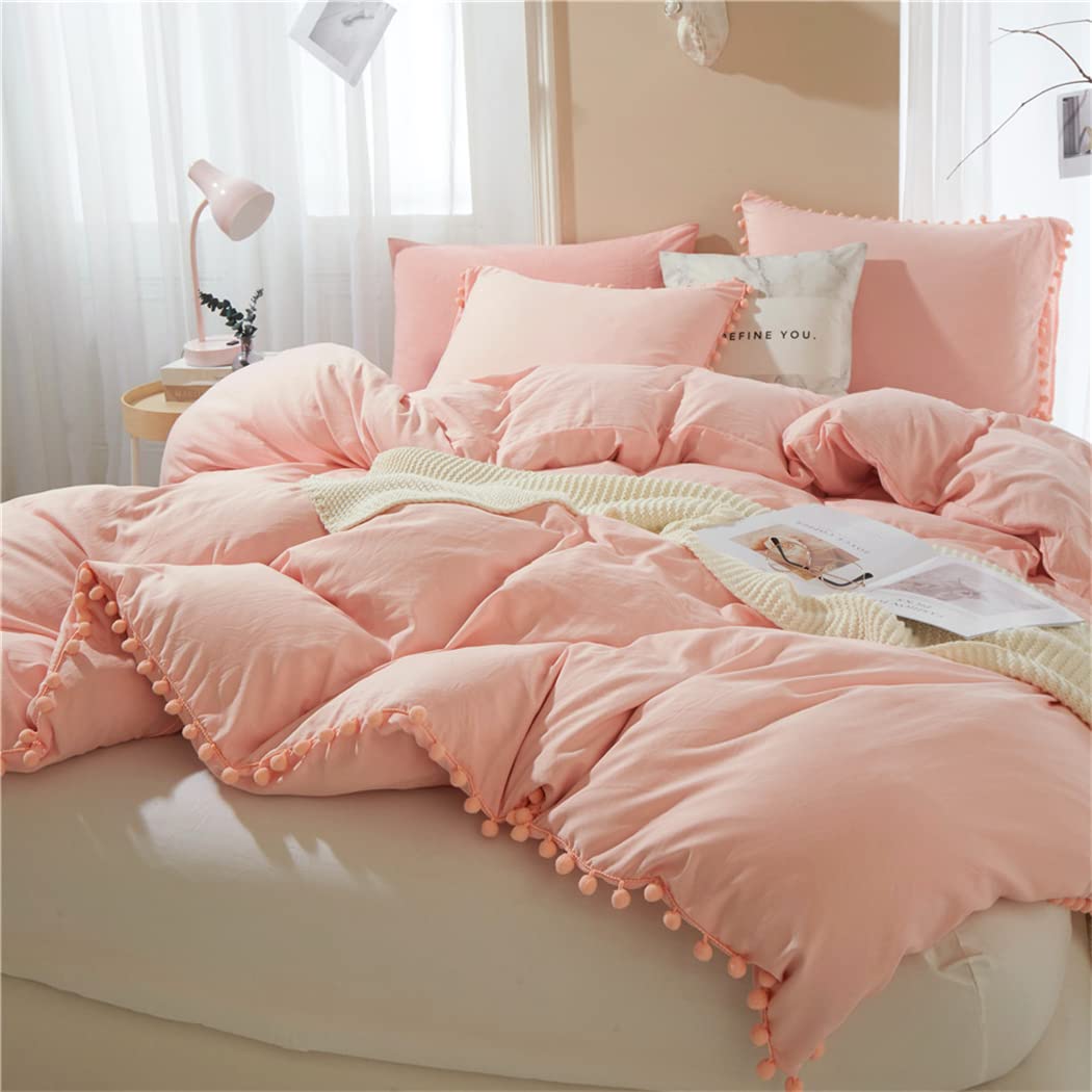 Ihoustriy Duvet Cover Queen Size,100% Washed Microfiber 3Pcs Bedding Duvet Cover Set, Pom Poms Fringe Solid Color Soft And Breat