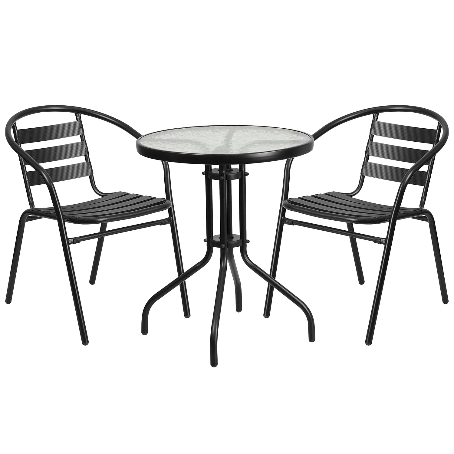 Flash Furniture 23.75'' Round Glass Metal Table With 2 Black Metal Aluminum Slat Stack Chairs