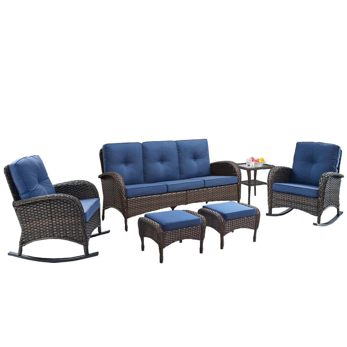 Belord Patio Rocking Chairs Furniture Set Of 6, Outdoor Wicker Furniture Sets With Wicker Rocker, Small Patio Conversation Sets With Outdoor Couch Ottomans Brown/Blue