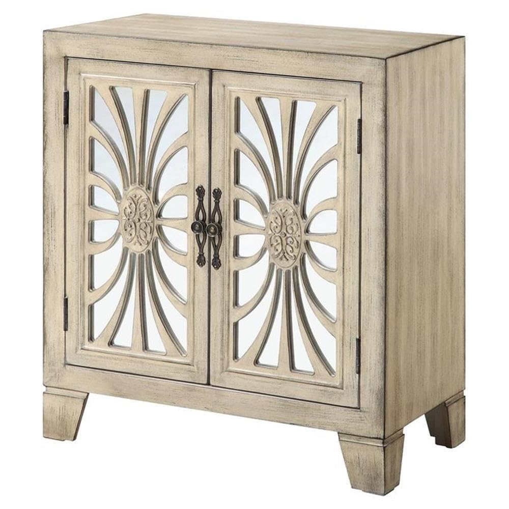 Acme Nalani Wooden Console Table with 2 Mirrored Doors in Antique White