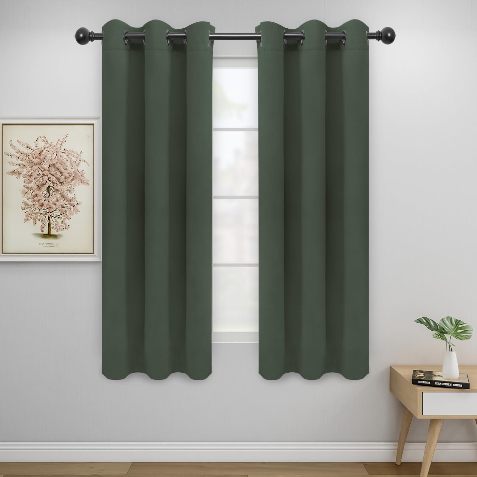 Easy-Going Blackout Curtains For Bedroom, Solid Thermal Insulated Grommet And Noise Reduction Window Drapes, Room Darkening Curtains For Living Room, 2 Panels (34X63 In, Greyish Green)