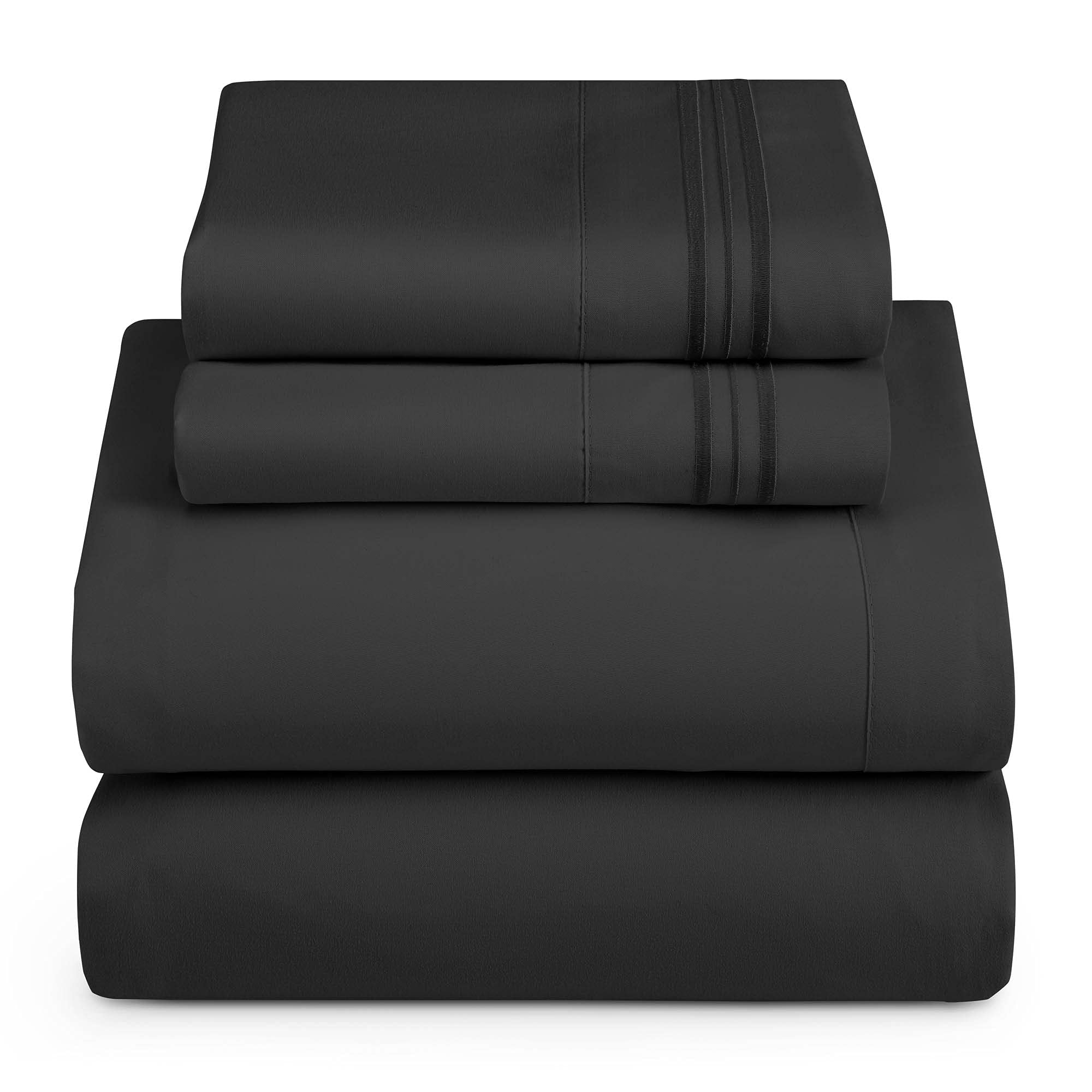 Hearth & Harbor Twin Size Sheets - 3 Piece Bed Sheet Set, Hotel Luxury Double Brushed Bed Sheets - Extra Soft Bedding Sheets & Pillowcases, Twin, Black