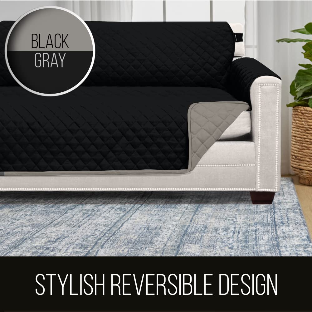 Sofa Shield Patented Couch Slip Cover, Large Cushion Protector, Reversible Stain And Dog Tear Resistant Slipcover, Quilted Microfiber 62” Seat, Washable Covers For Dogs Pets Kids, Black Gray