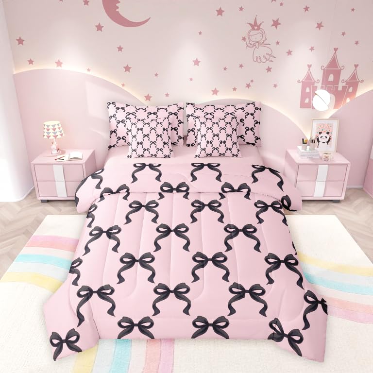 Manfei Black Bowknot Bed Set In A Bag 7 Pcs,Princess Style Bow-Tie Pink Black Bedding Set,Dreamy Fairy Tale Bow Crossed Patchwor