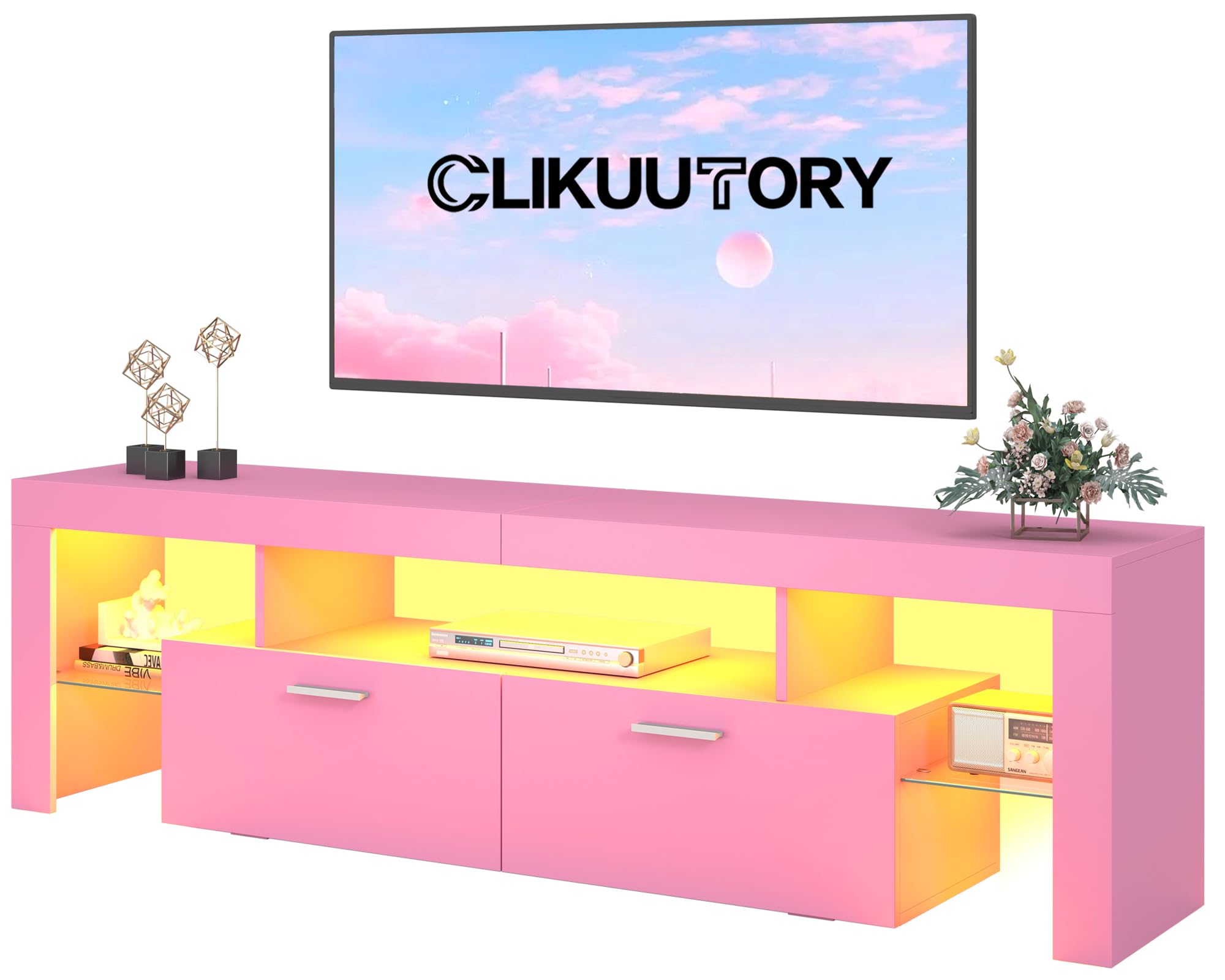 Clikuutory Modern Lighting 63 inch TV Stand with Large Storage Drawer for 50 55 60 65 70 75 Inch TVs, TV Console with 20 Color L