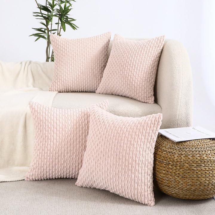 Vakado Light Pink Decorative Throw Pillow Covers 18X18 Set Of 4 Couch Corduroy Neutral Home Living Room Farmhouse Rustic Cushion