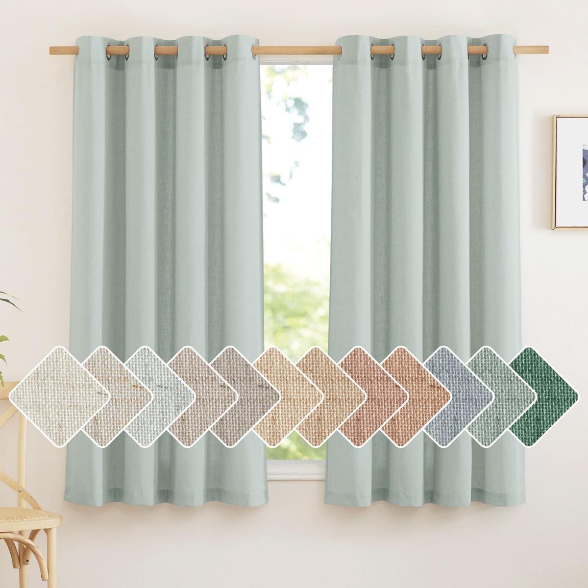 Nicetown Sage Green Curtains 63 Inches Long, Grommet Thick Flax Linen Blend Window Treatment Privacy Added With Light Filtering