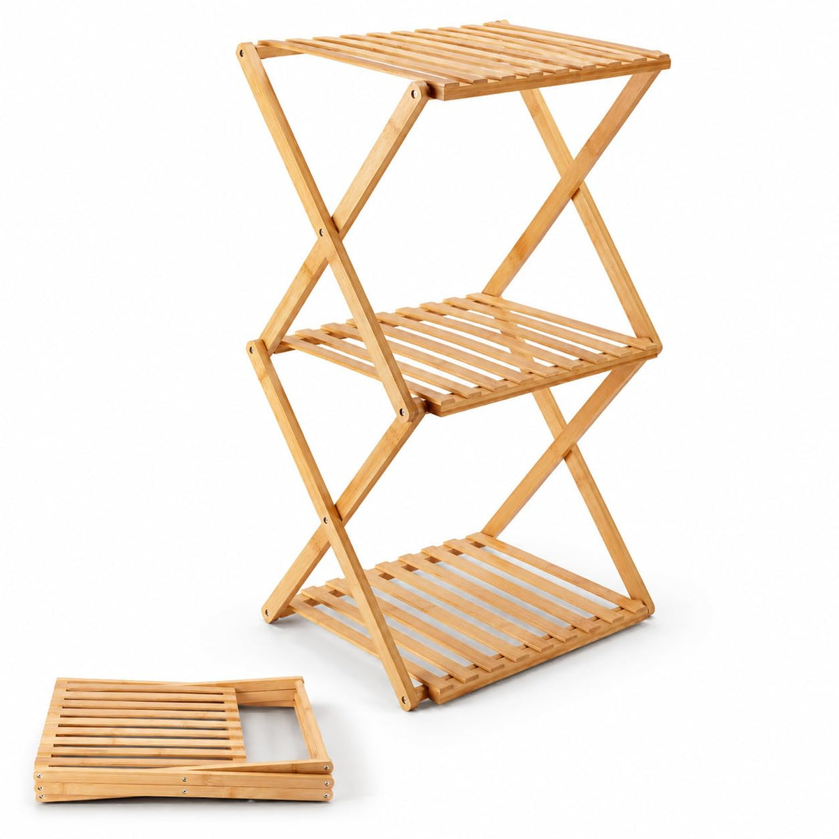 BAMHIGHS 3Tier Bamboo Folding Shelf, MultiPurpose Storage Rack for Shoes, Plants, Camping Gear, Entryway, Closet, Bedroom, Hal